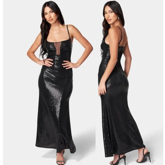 Bebe Women's Mesh Inset Maxi Disco Dot Dress, Size XXS in Black Metal/Nylon